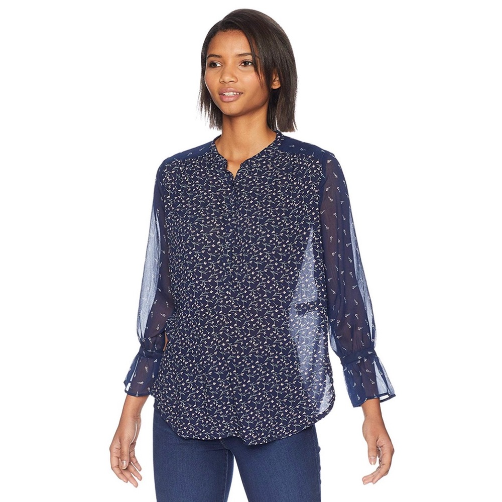 NWT Lucky Brand Blue Floral Sheer Blouse T…